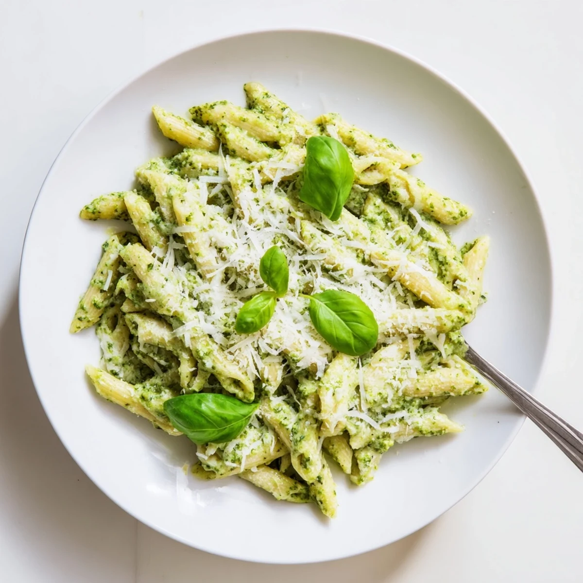 Golden penne pasta tossed in luscious green pesto cream sauce with parmesan shavings