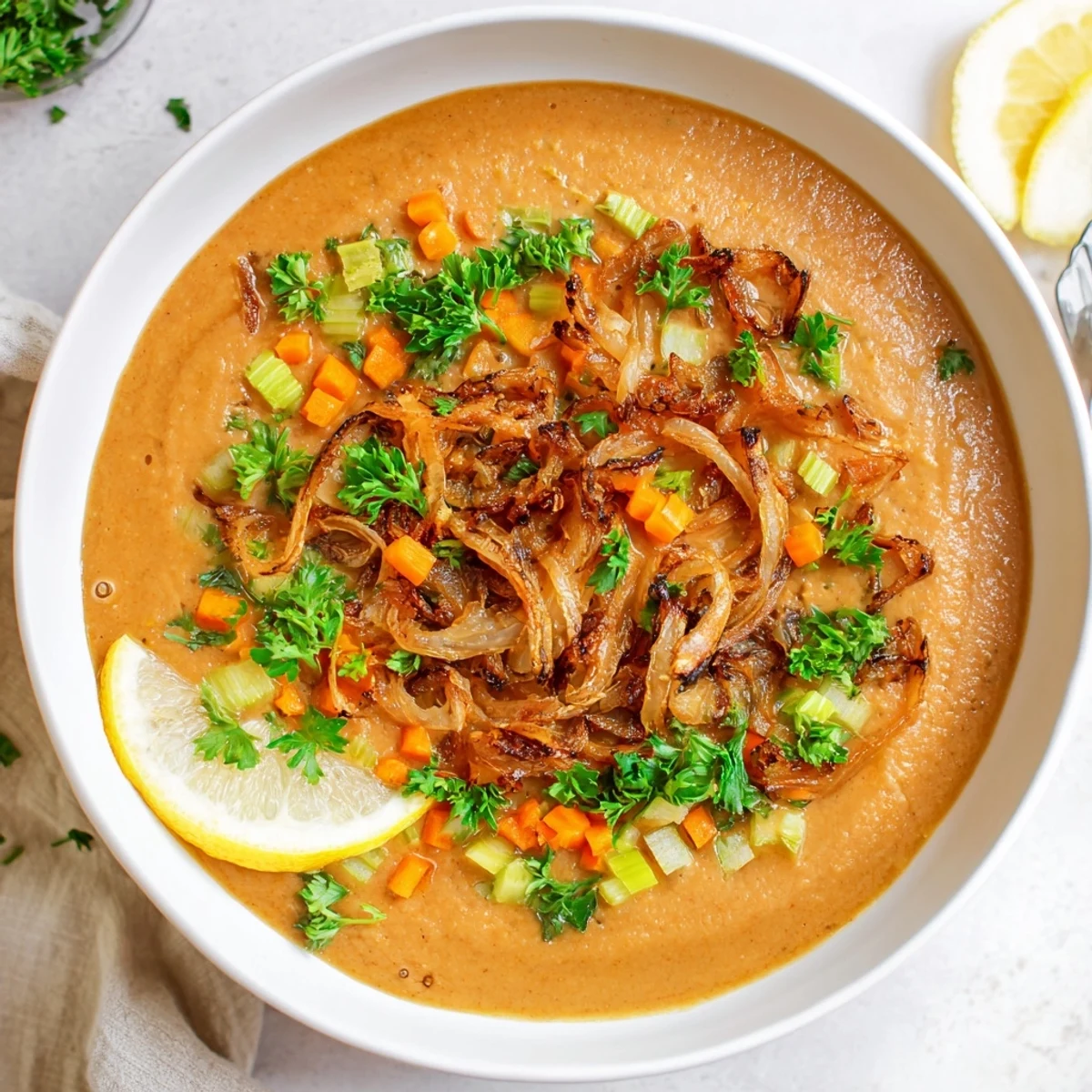 Golden bowl of caramelized onion red lentil soup with crusty bread on wooden table