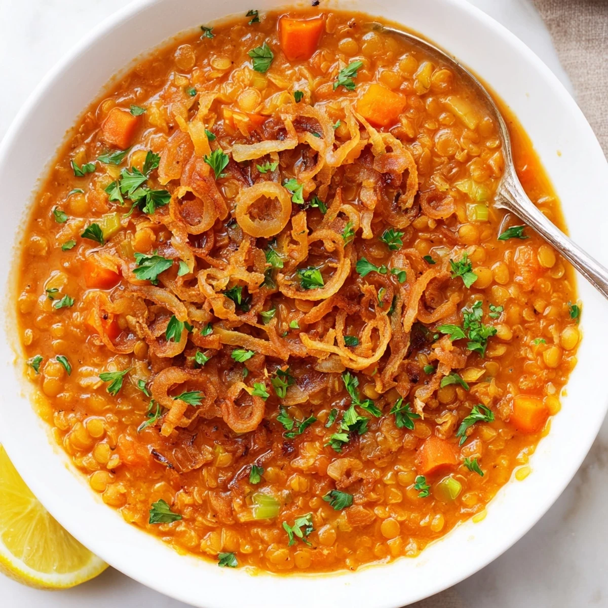 Creamy caramelized onion red lentil soup garnished with fresh parsley and lemon wedges