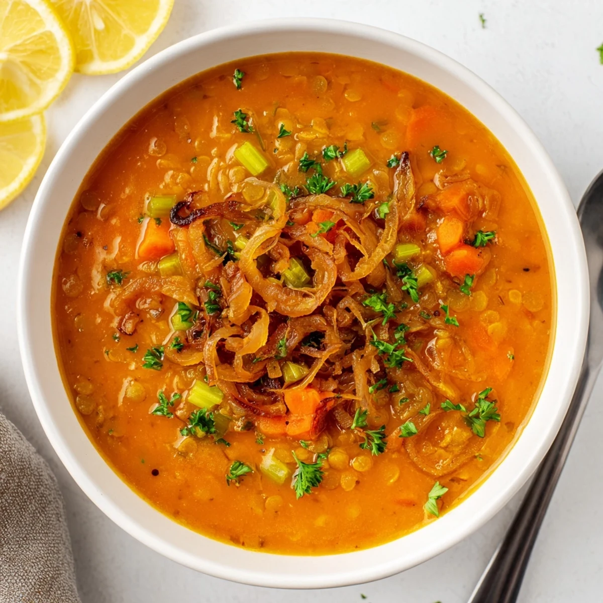 Steaming caramelized onion red lentil soup with vibrant orange hue and green parsley sprinkle