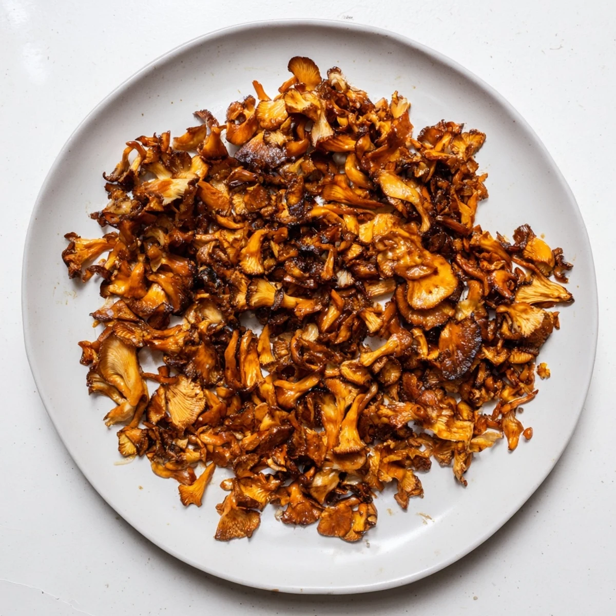 Golden brown shredded vegan carnitas with mushrooms piled in warm corn tortillas