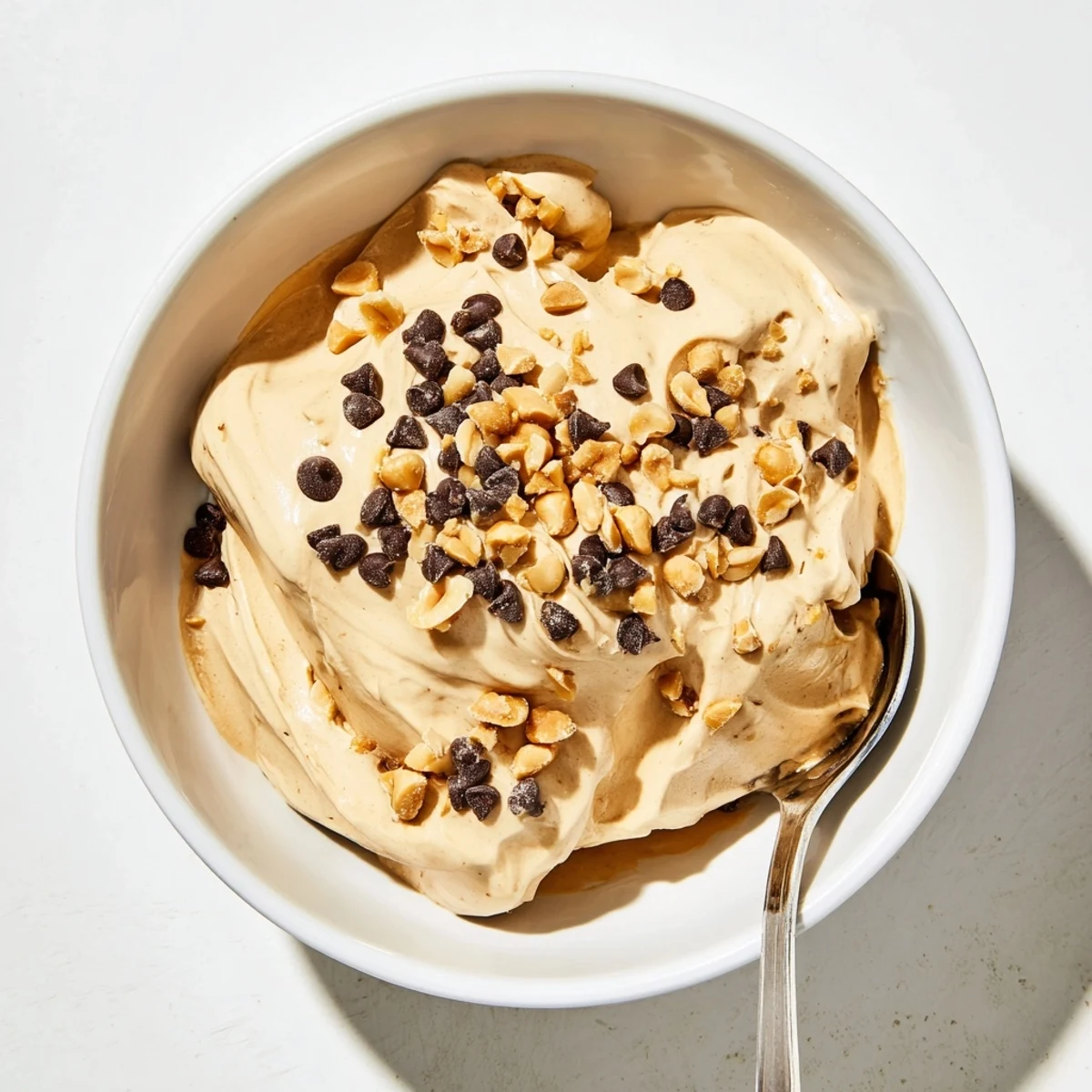 Fluffy peanut butter mousse topped with chopped peanuts and chocolate chips in clear glass bowls