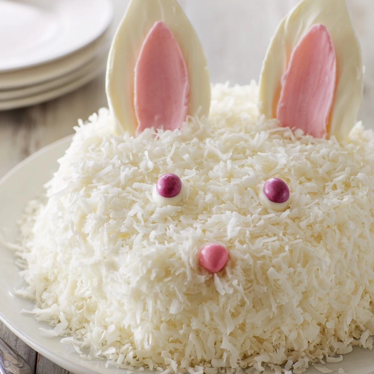 Festive bunny-shaped vanilla cake decorated with shredded coconut and candy facial features