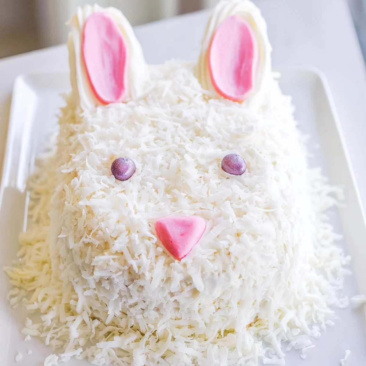 Whimsical spring dessert featuring coconut-covered bunny cake with fondant ears and jelly bean accents