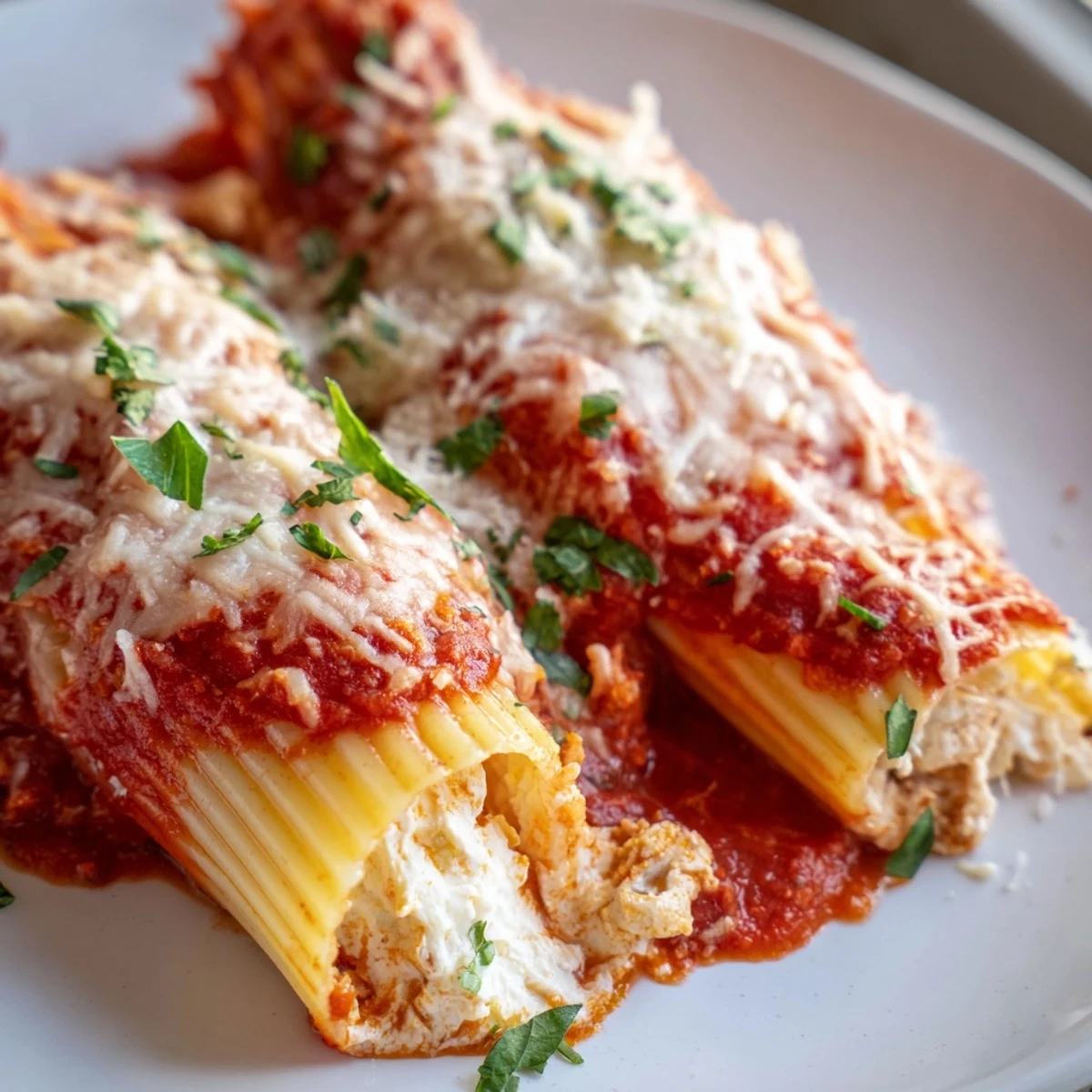 Golden manicotti filled with creamy ricotta cheese and smothered in savory tomato meat sauce