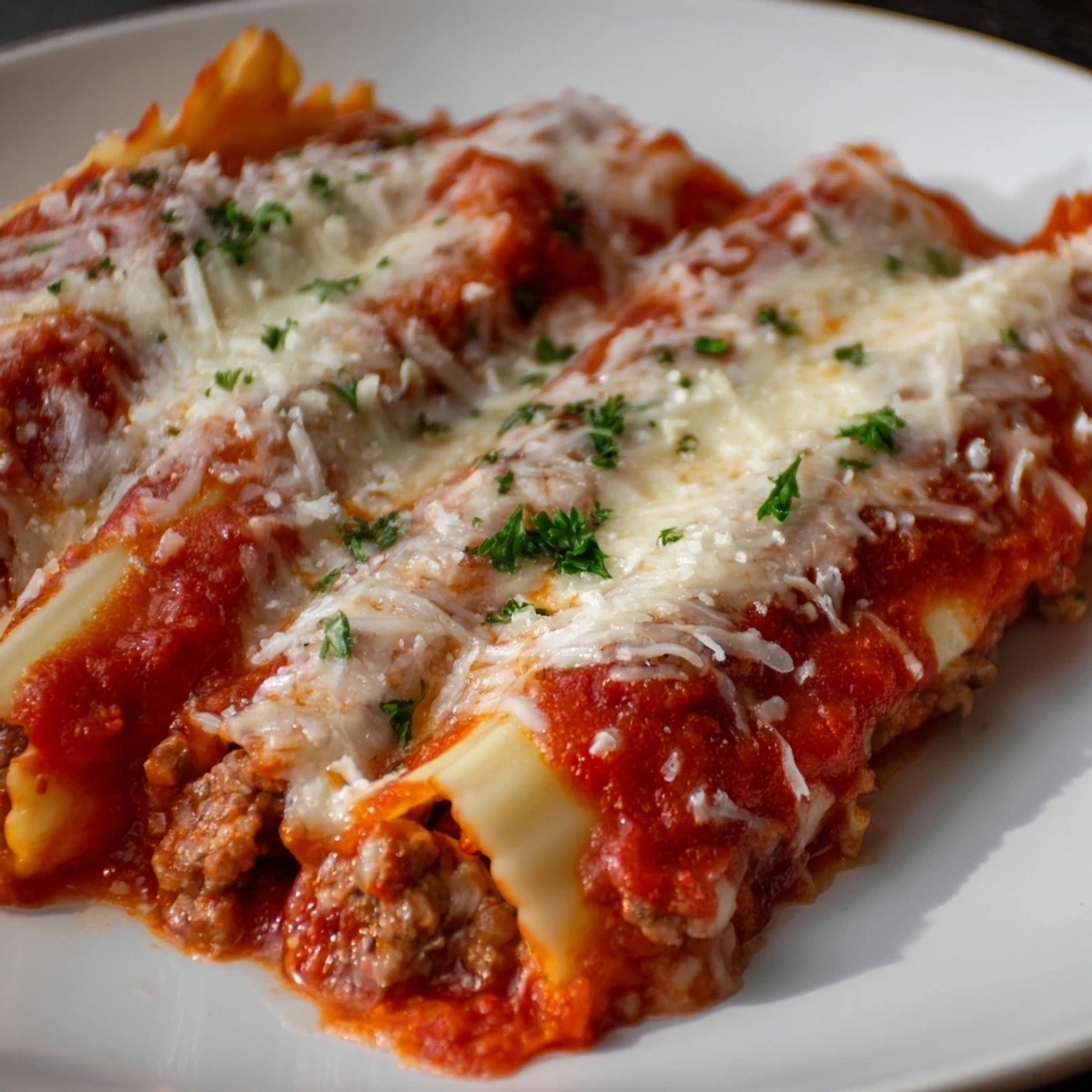 Tender pasta shells stuffed with three-cheese mixture and baked in zesty ground beef tomato sauce