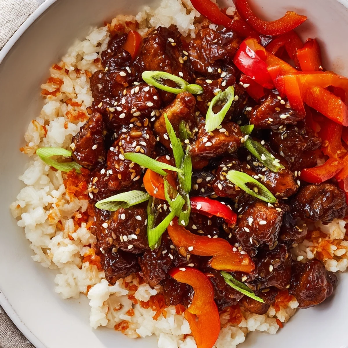 Golden Korean BBQ chicken and rice skillet topped with sesame seeds and green onions