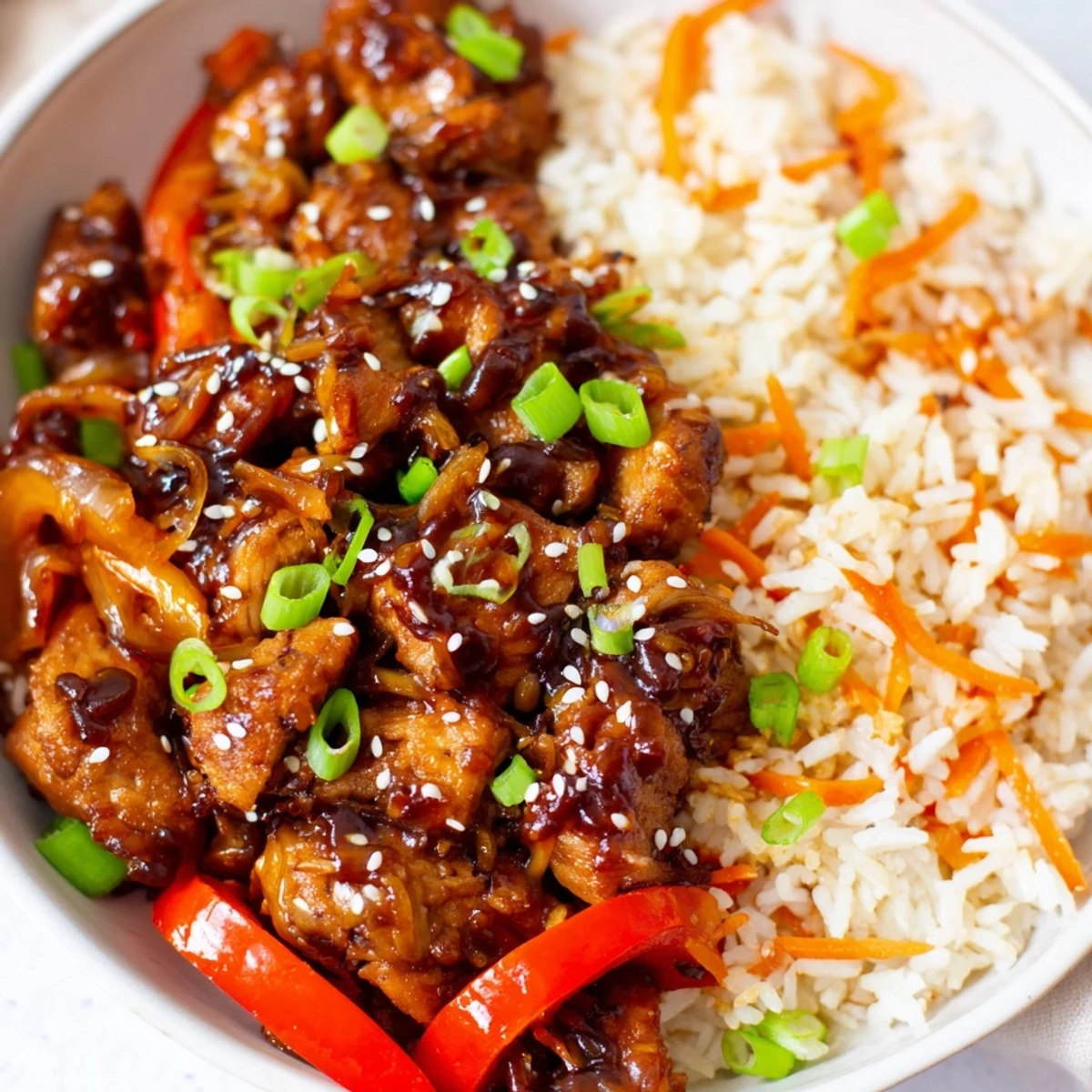 One Pan Korean BBQ Chicken and Rice with colorful vegetables in glossy sauce
