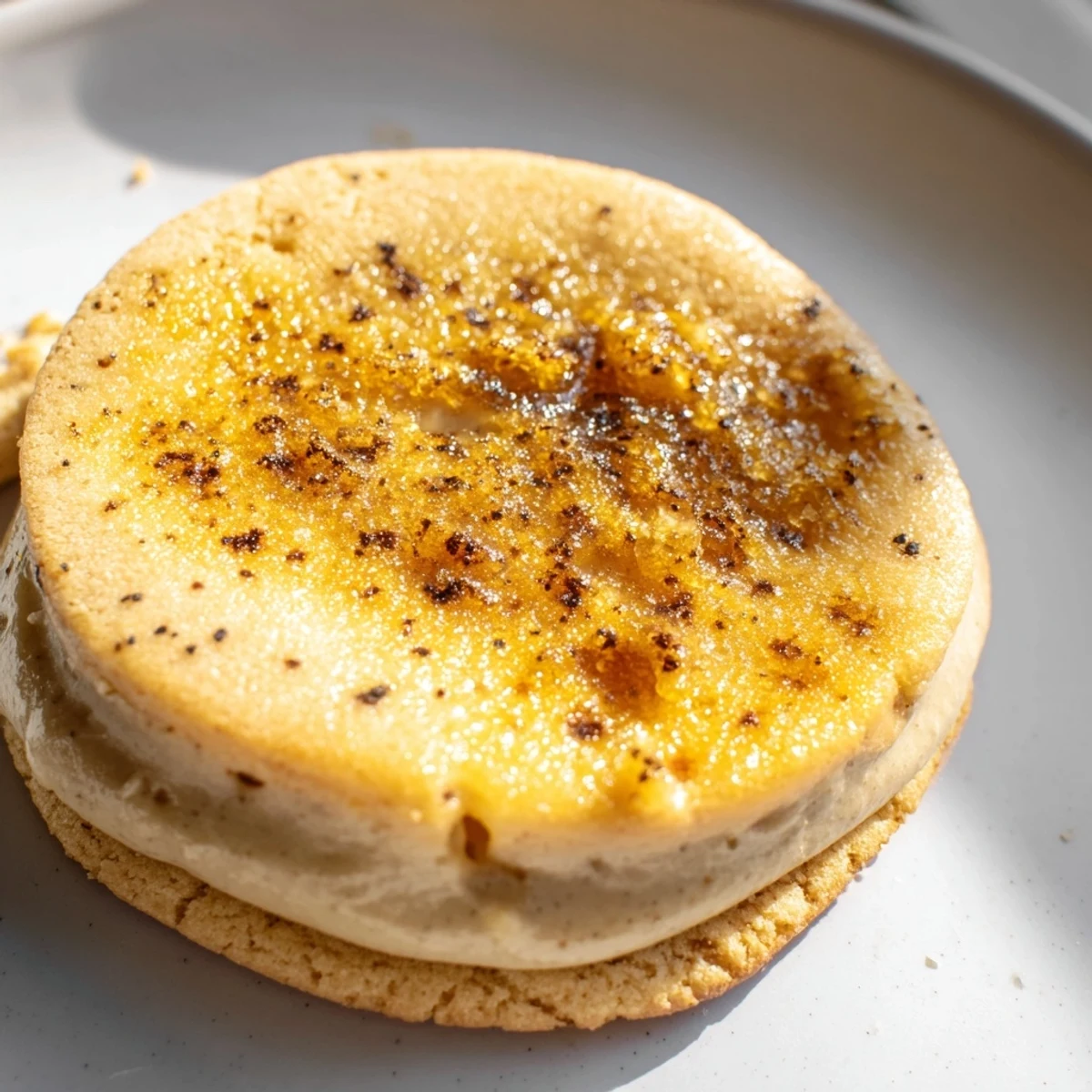Soft baked creme brulee cookies with torched sugar tops and vanilla cream filling