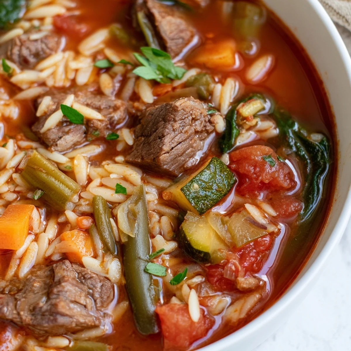 Hearty beef and orzo soup steaming in a bowl with colorful garden vegetables