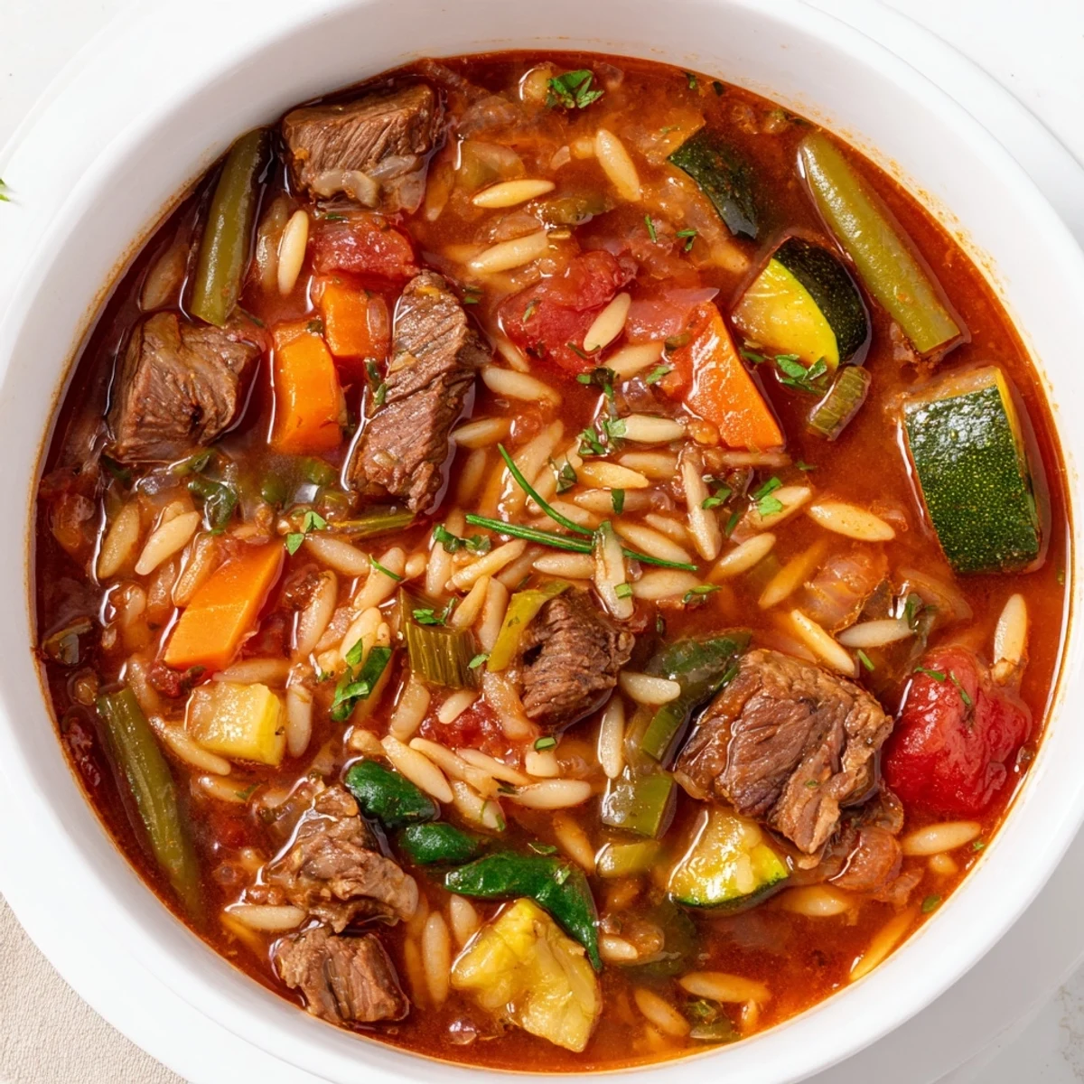 Warm hearty beef and orzo soup topped with fresh parsley in ceramic bowl