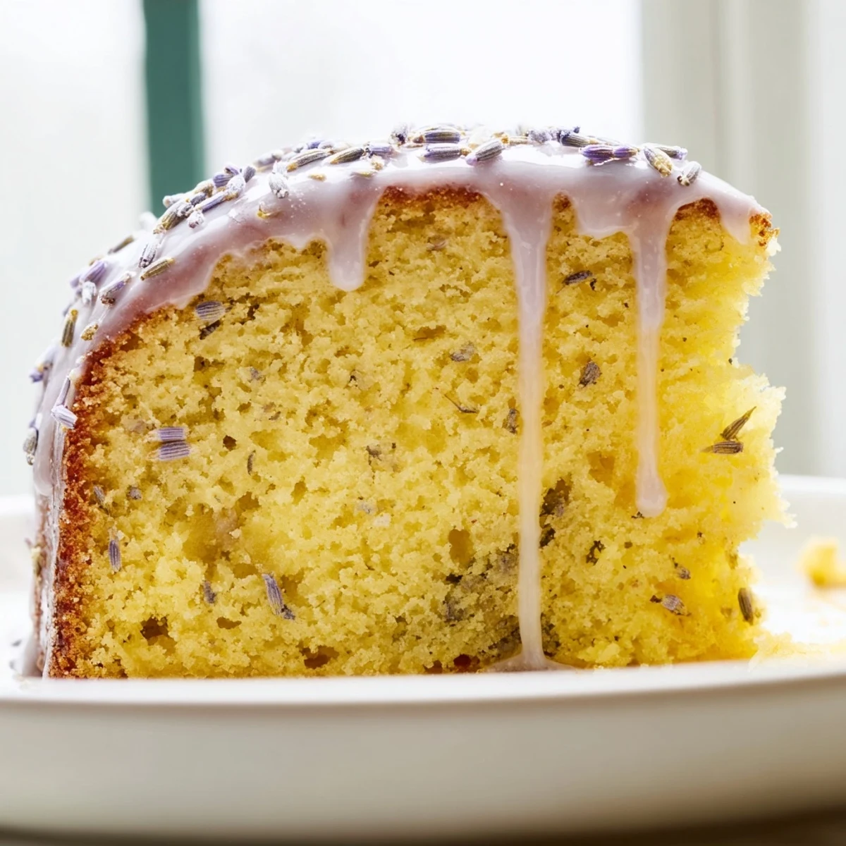 Soft lavender cake slice with lemon glaze drizzled over tender vanilla-scented crumbs