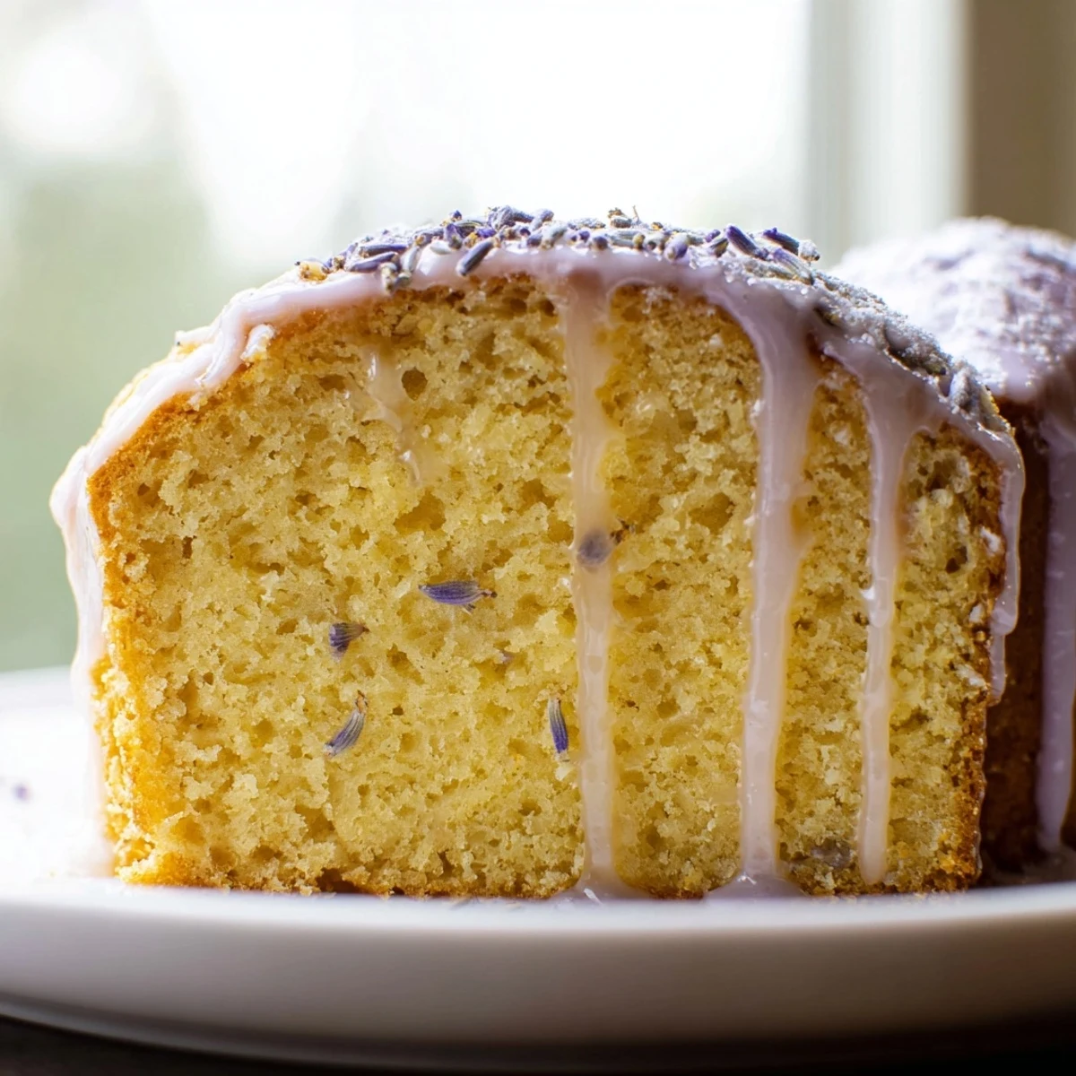Fragrant lavender cake topped with sparkling lemon icing on a vintage dessert plate