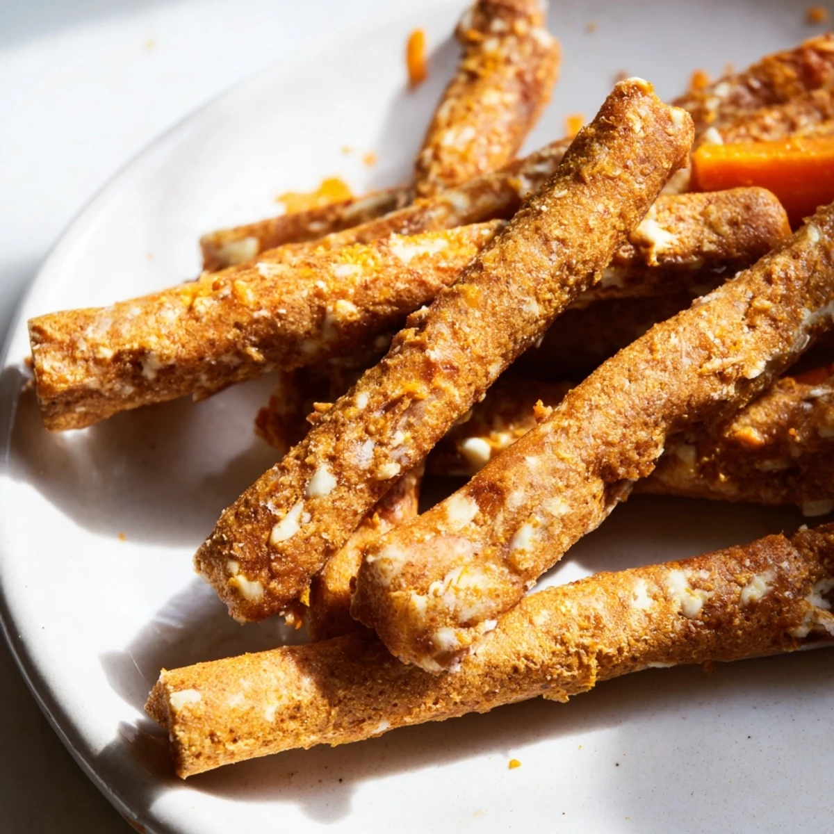 Golden brown apple and carrot dog chew sticks arranged on a parchment-lined baking sheet ready for cooling