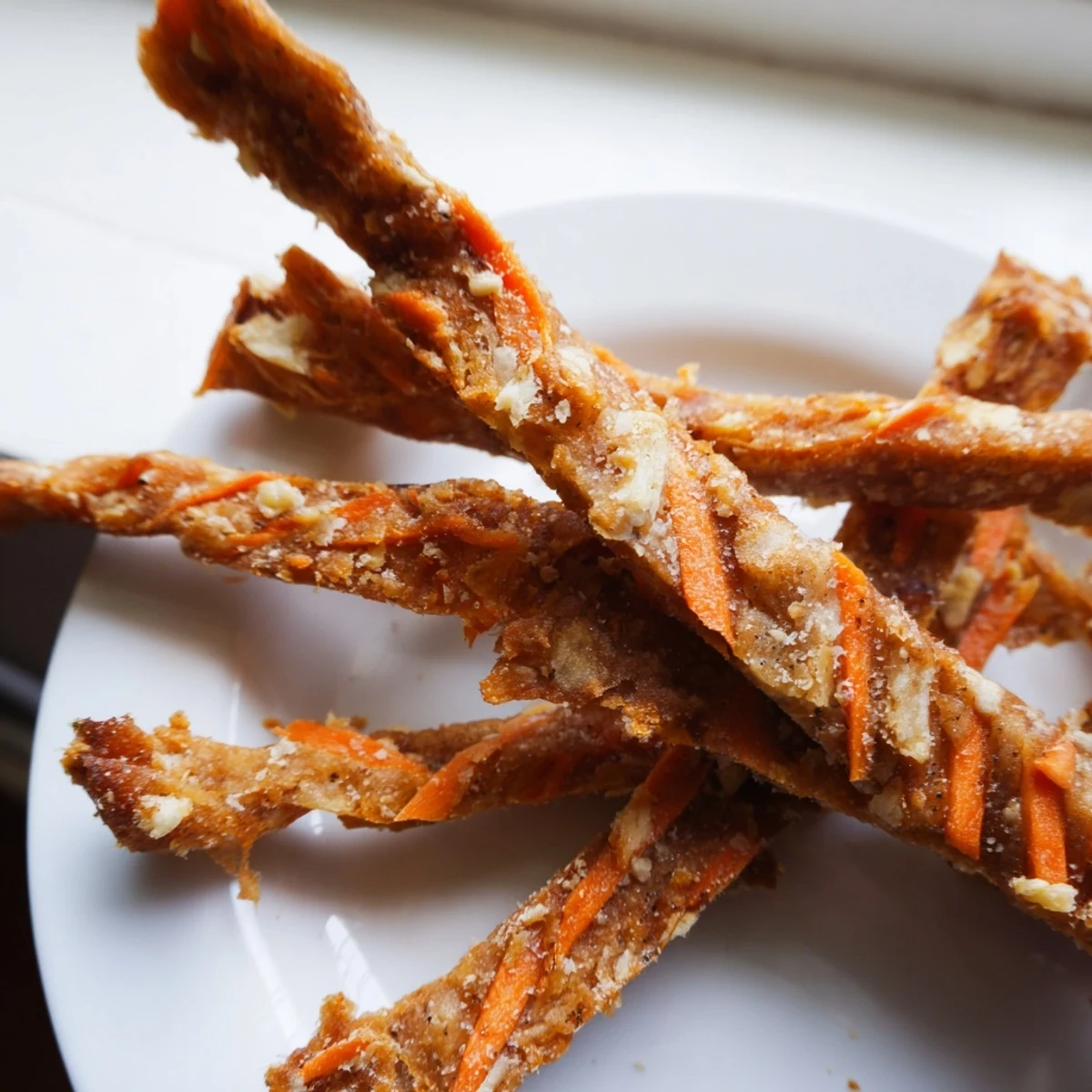 Crunchy homemade apple and carrot dog chew sticks with visible flecks of fresh grated vegetables throughout