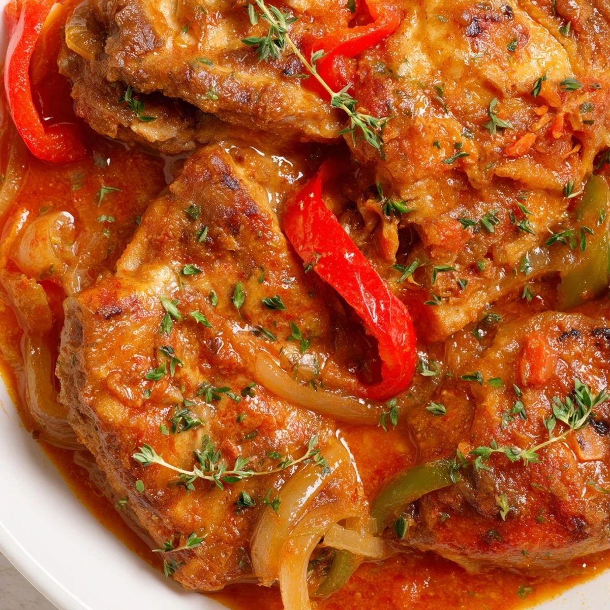 Senegalese chicken simmered in rich tomato sauce with colorful bell peppers and aromatic spices