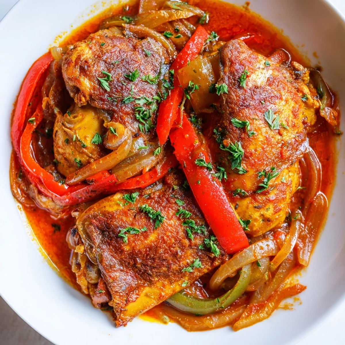 Golden brown Senegalese chicken pieces nestled in thick, savory onion and tomato stew
