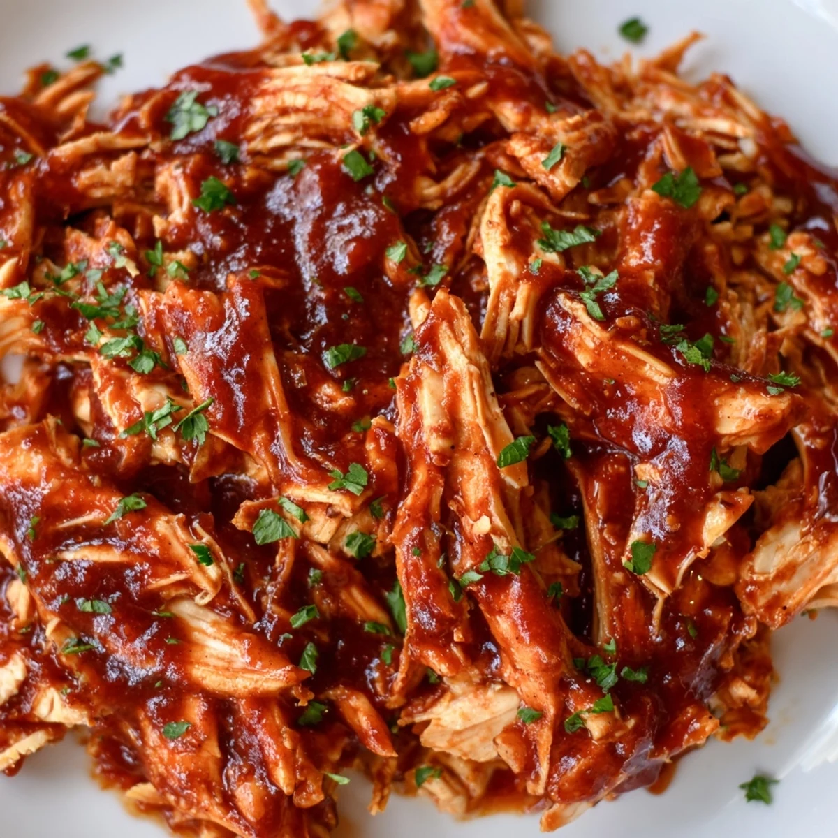 Tender Sweet Baby Ray's crockpot chicken glistening with sticky barbecue sauce on a white plate