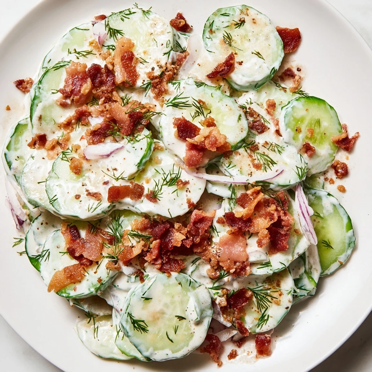 Crispy bacon bits sprinkled over fresh cucumber salad with creamy Greek yogurt dressing