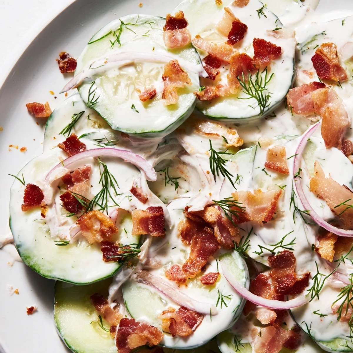 Healthy cucumber salad with bacon served in a white bowl with fresh dill garnish