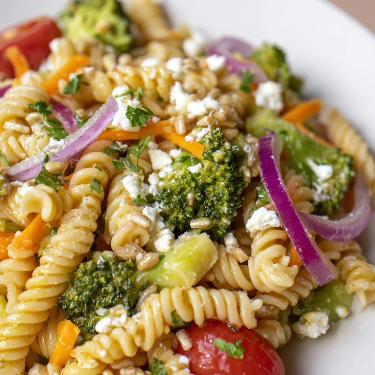 Fresh broccoli pasta salad tossed in a bright lemon herb dressing