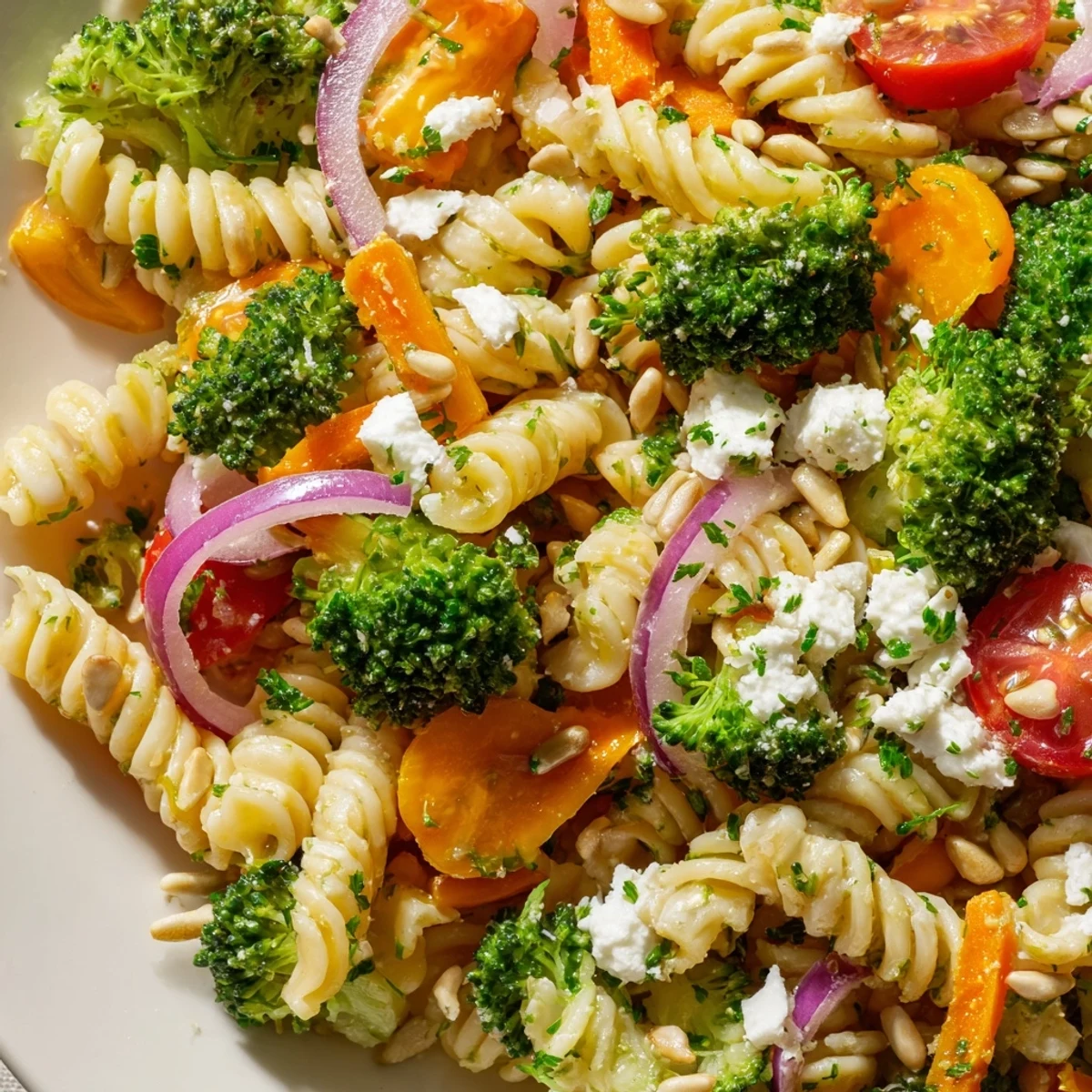Colorful broccoli pasta salad with cherry tomatoes and feta cheese