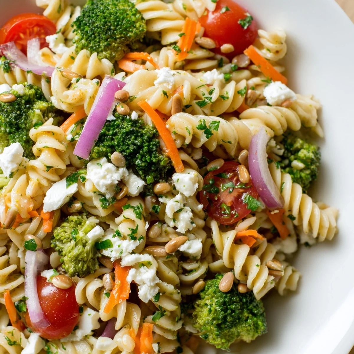 Crunchy broccoli pasta salad served in a rustic wooden bowl
