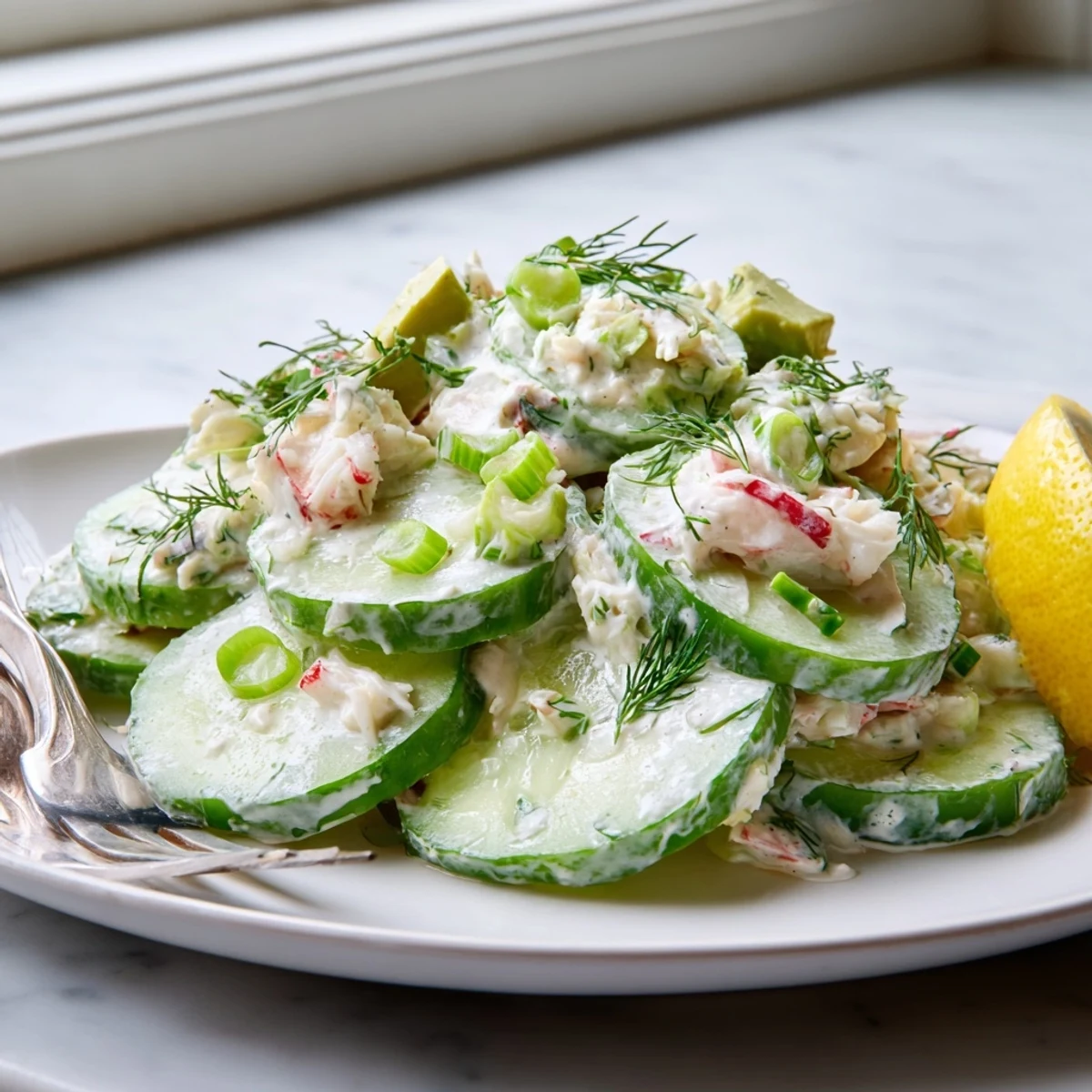 Cucumber salad with crab meat nestled on a chilled white serving platter