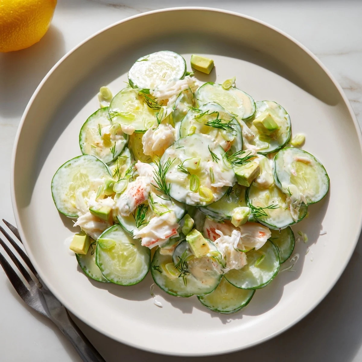 Creamy cucumber salad with crab meat topped with fresh dill and lemon wedges