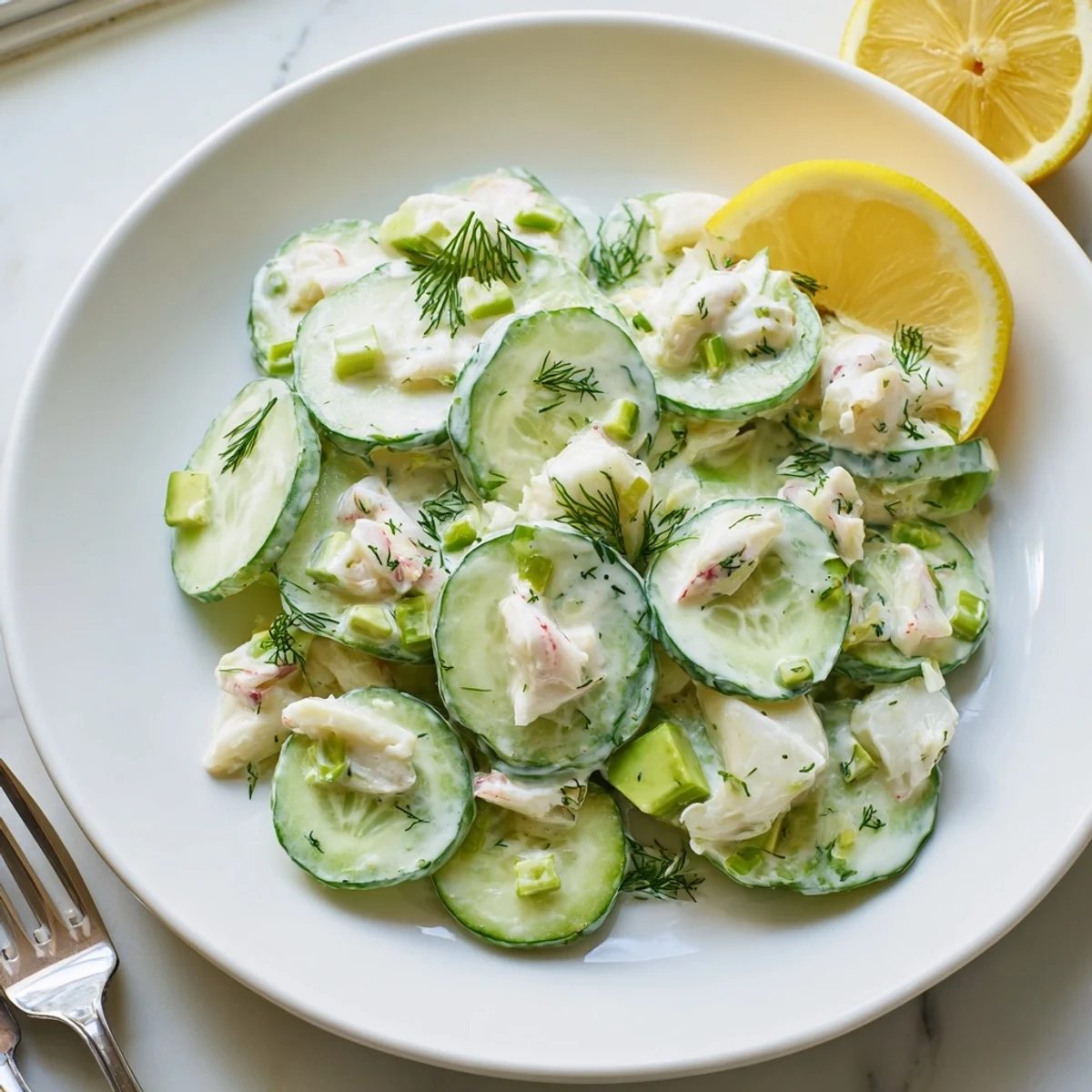Crisp cucumber salad with crab meat gently tossed in a tangy dressing