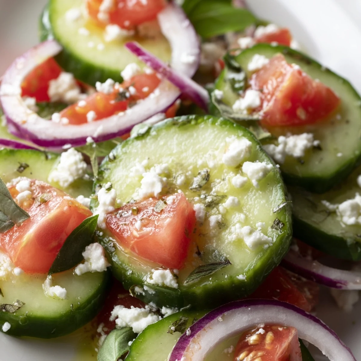 Fresh Italian cucumber salad with ripe tomatoes and red onions in zesty herb dressing