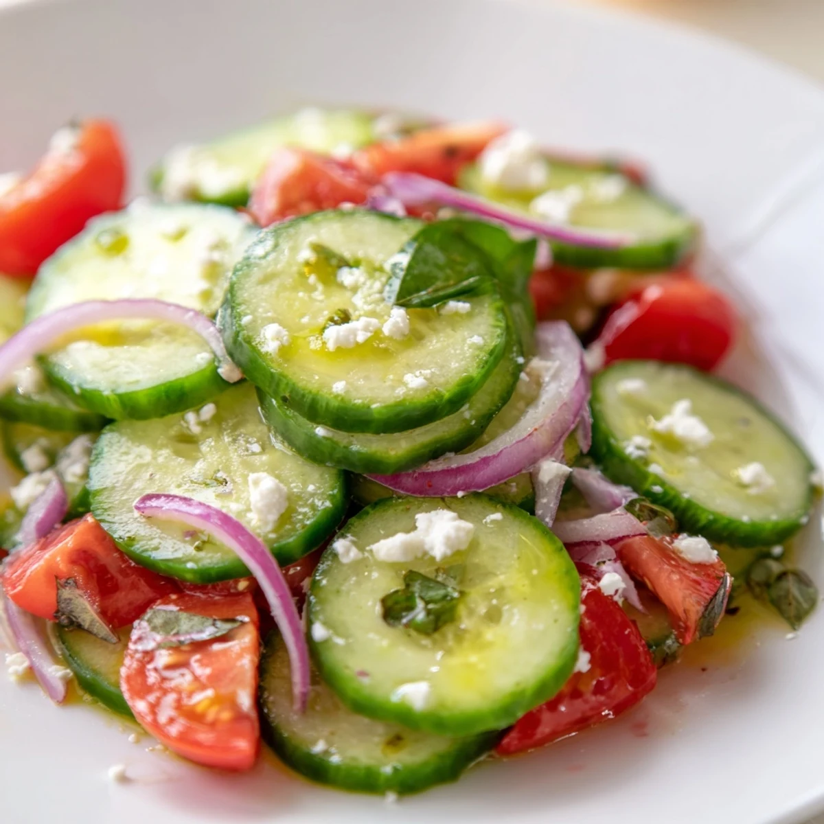 Crisp Italian cucumber salad tossed with tomatoes, basil, and tangy vinaigrette in bowl