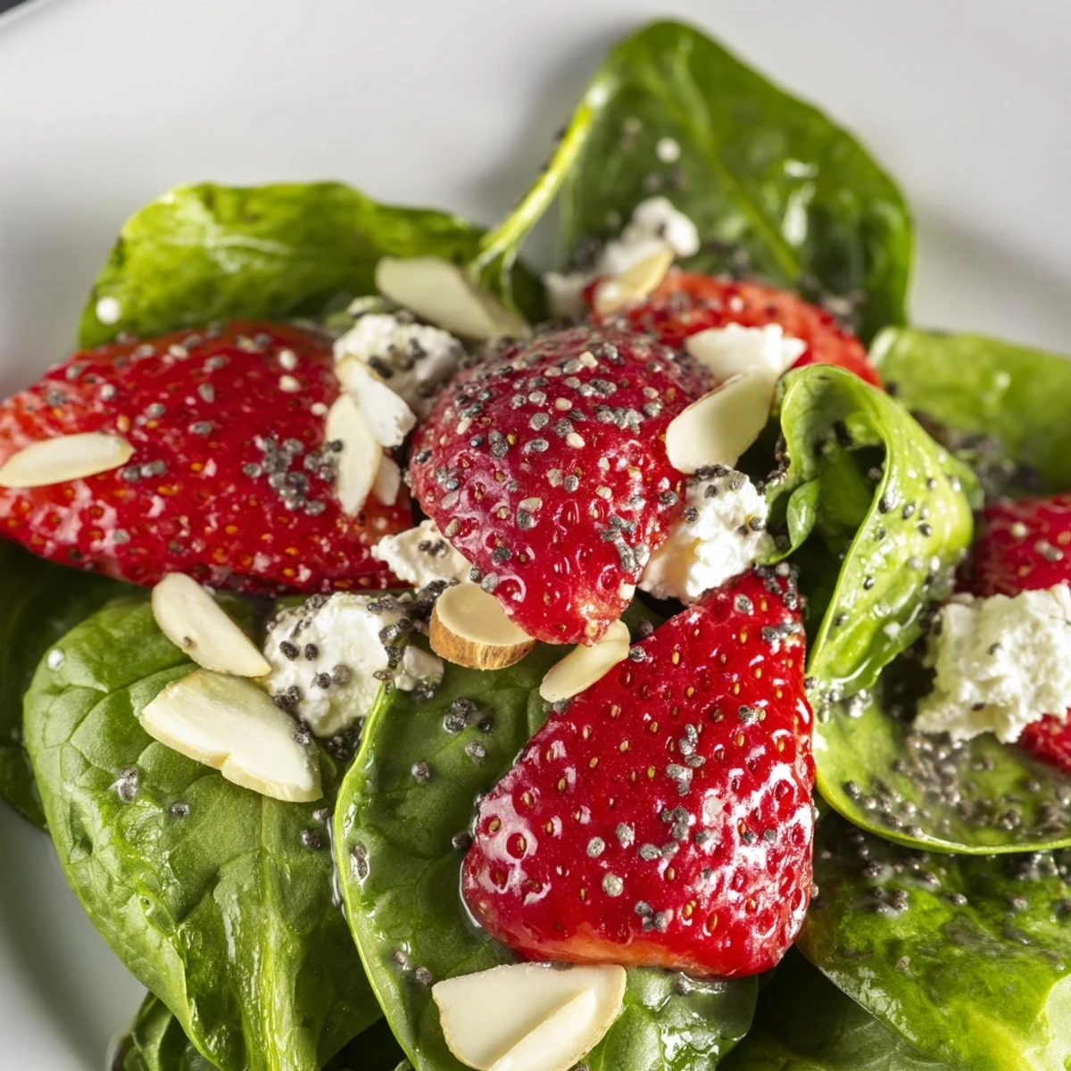 Vibrant strawberry spinach salad with sliced berries red onion and glossy balsamic poppy seed dressing
