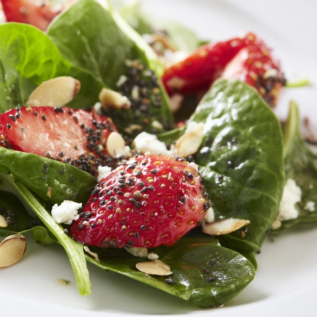 Fresh strawberry spinach salad topped with crumbled feta cheese and toasted almonds in bowl