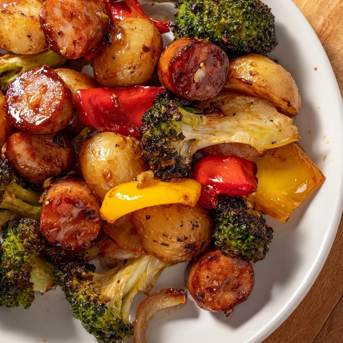 Golden honey garlic kielbasa roasted with colorful crisp vegetables on a sheet pan