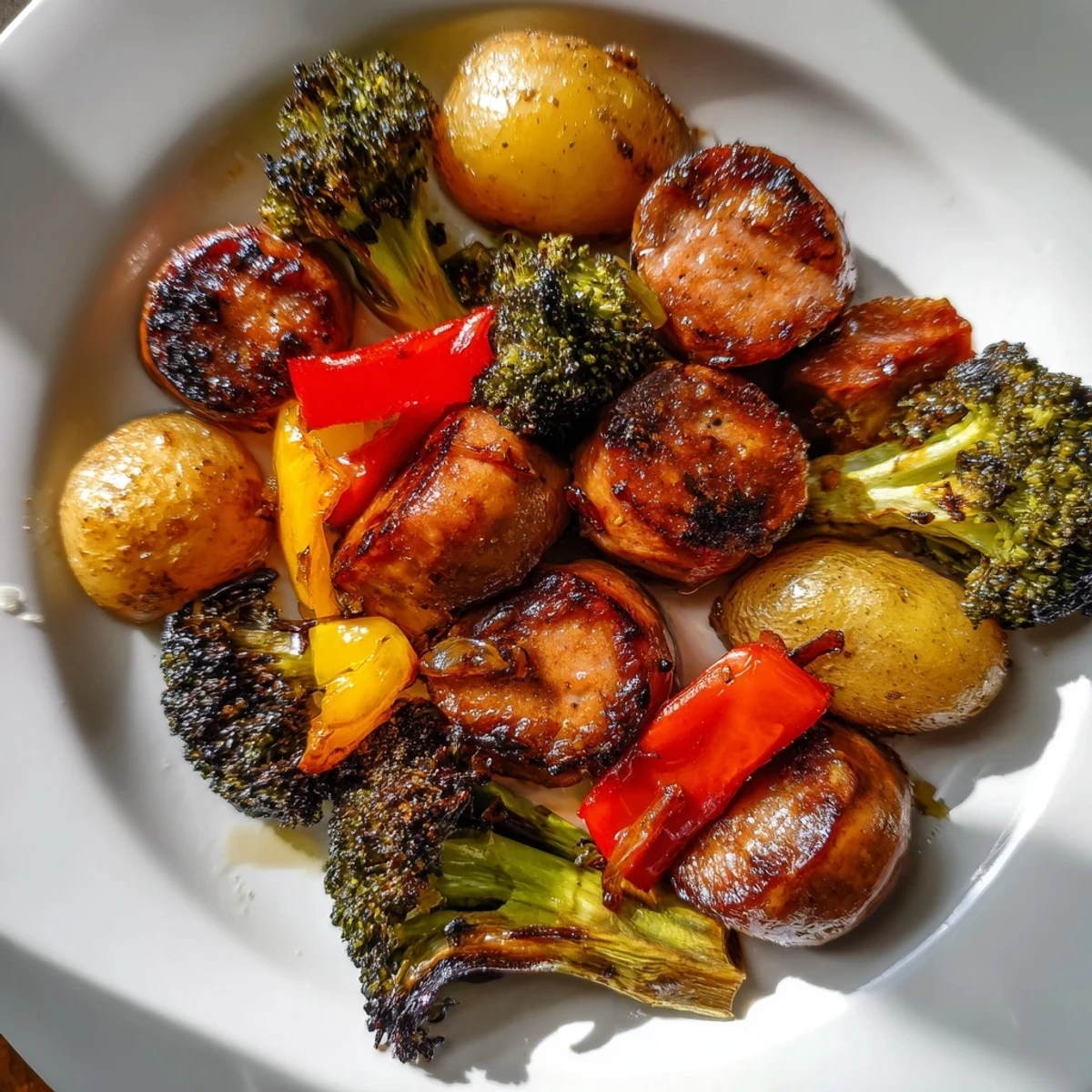 Honey garlic kielbasa and tender caramelized veggies glistening with sweet savory glaze