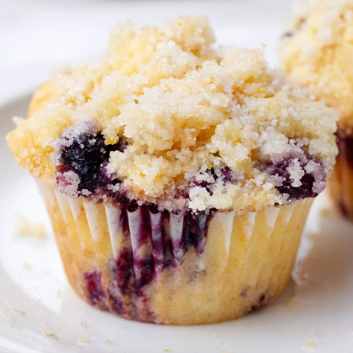 Golden lemon blueberry muffins with bursting berries and sparkling sugar tops on a rustic plate