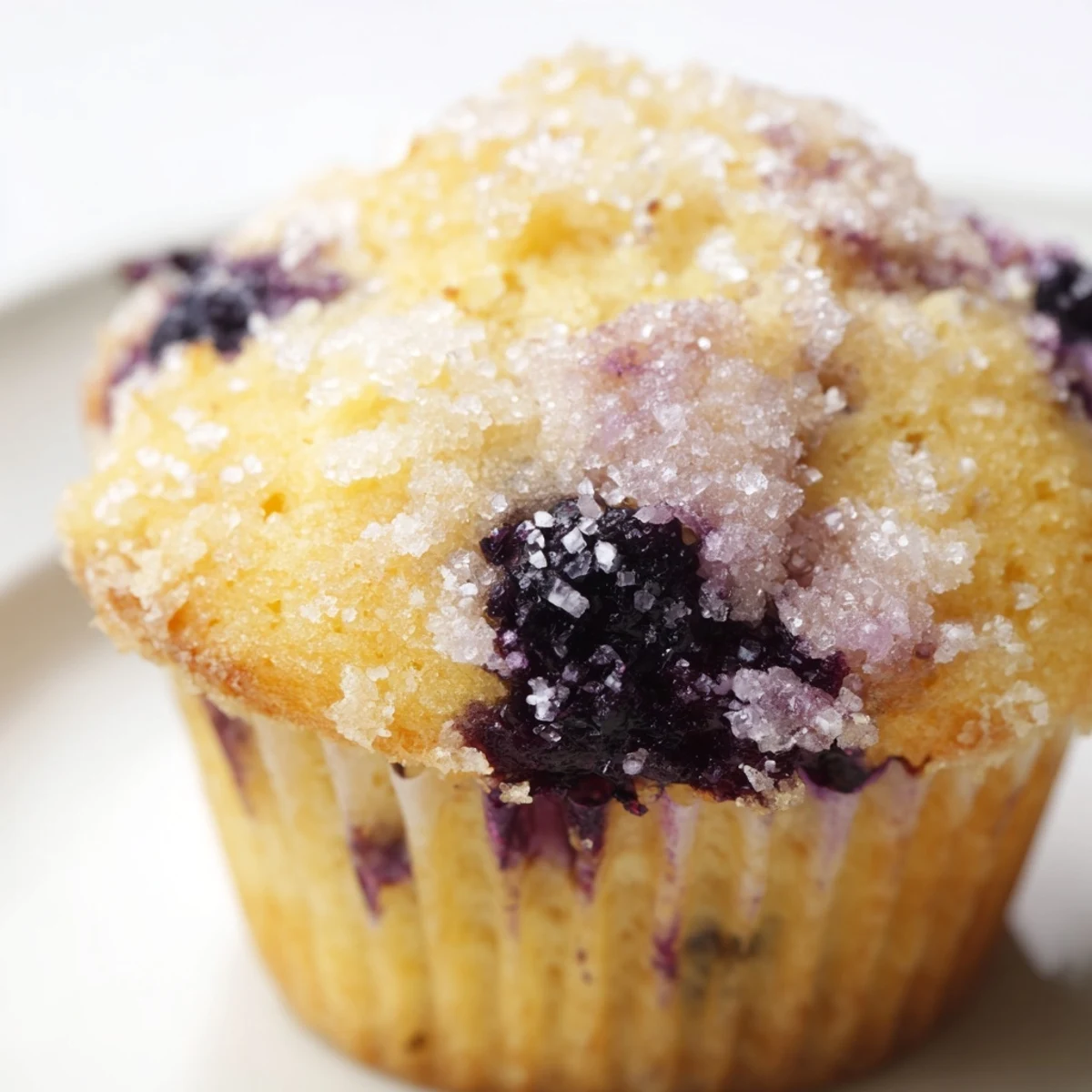Fresh lemon blueberry muffins with tender crumb served warm on a white ceramic dish