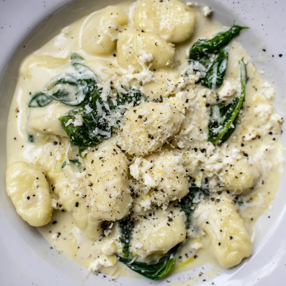 Creamy gnocchi with spinach and feta topped with crumbled cheese in white sauce