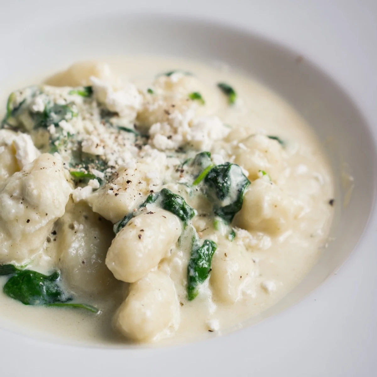 Soft potato gnocchi with spinach and feta glistening in rich cream sauce