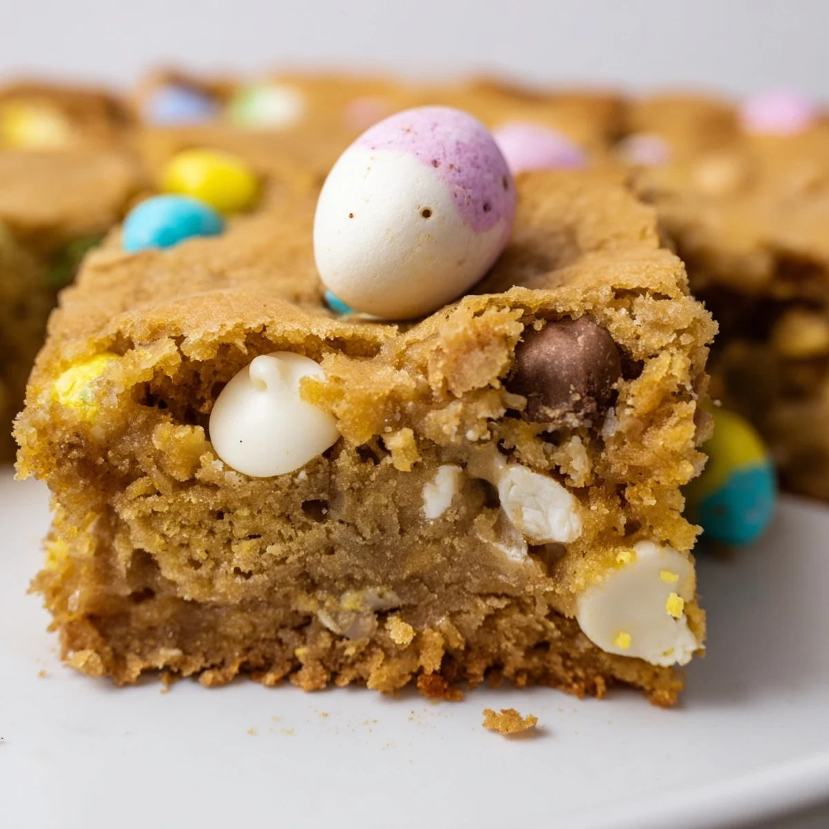 Chewy Cadbury Easter Egg blondies with colorful candy coating topped on golden squares fresh from the oven