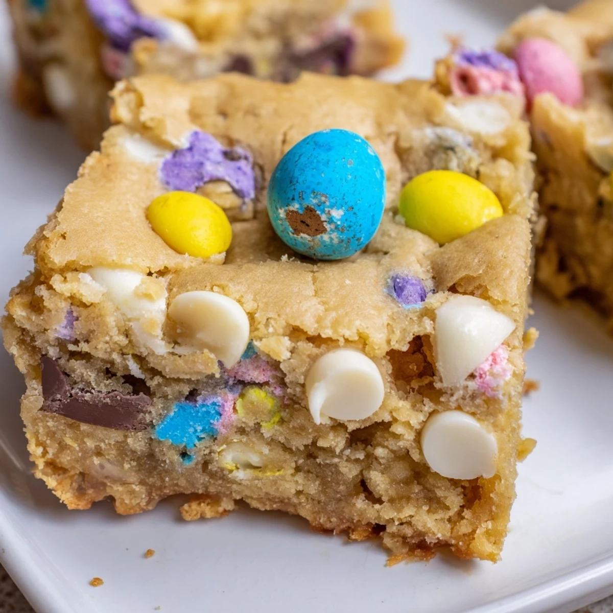 Golden brown Cadbury Easter Egg blondies loaded with chocolate chips and pastel mini eggs cut into squares