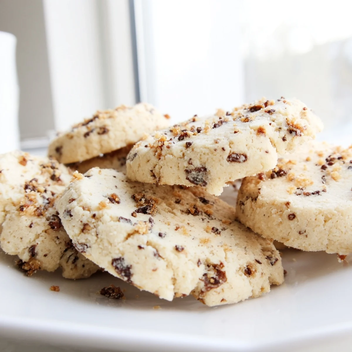 Crisp espresso shortbread cookies with golden toffee chunks arranged on a rustic white plate