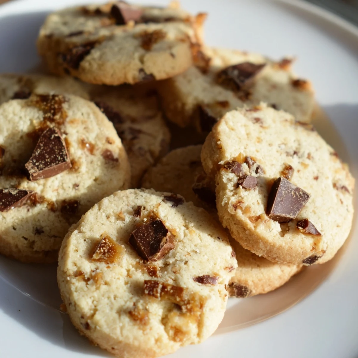 Buttery espresso shortbread cookies studded with sweet toffee bits beside a steaming mug