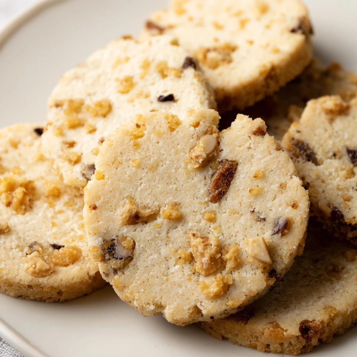 Golden brown espresso shortbread cookies flecked with toffee pieces cooling on a wire rack