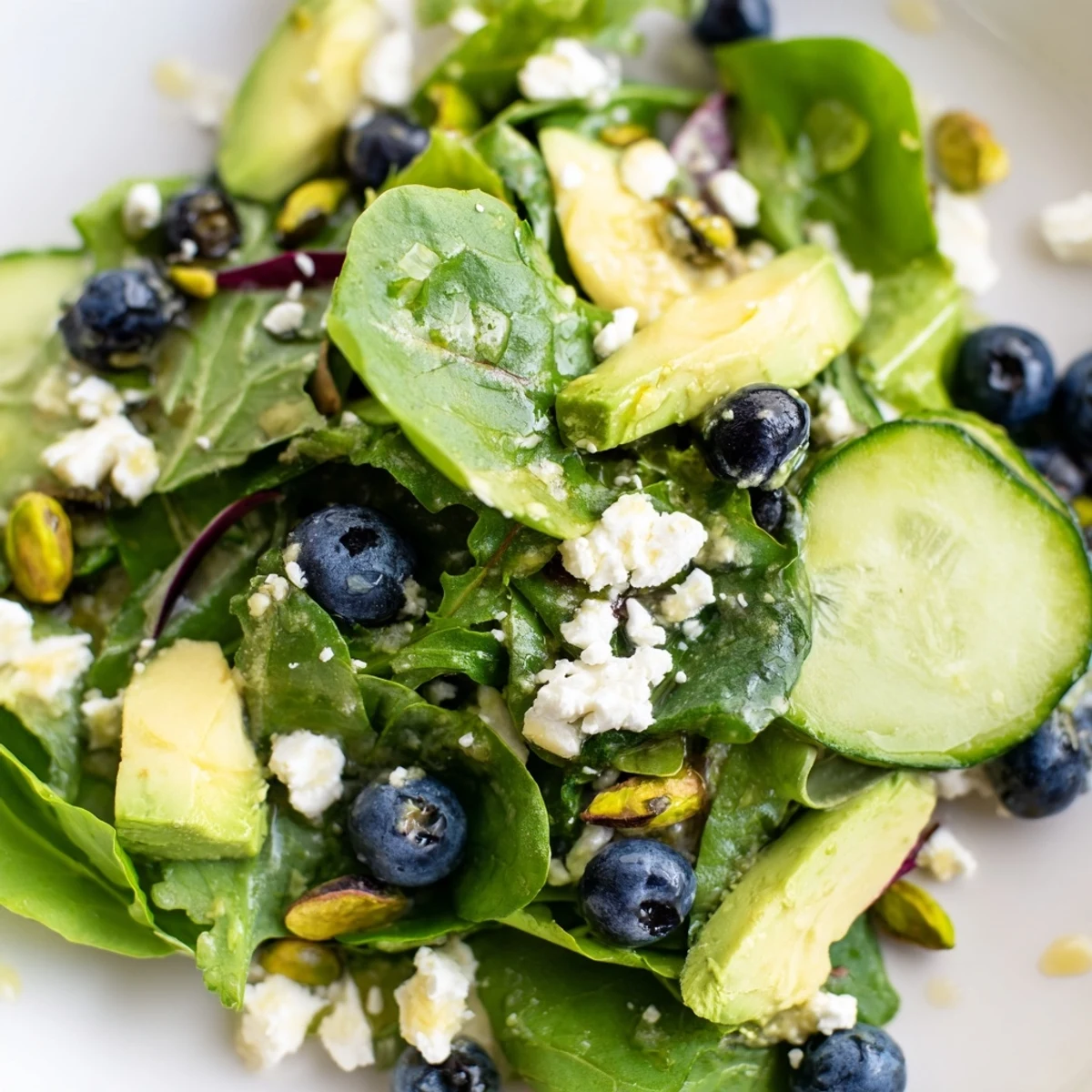 Crisp spring greens topped with plump blueberries, crunchy pistachios, and crumbled feta cheese in a bowl