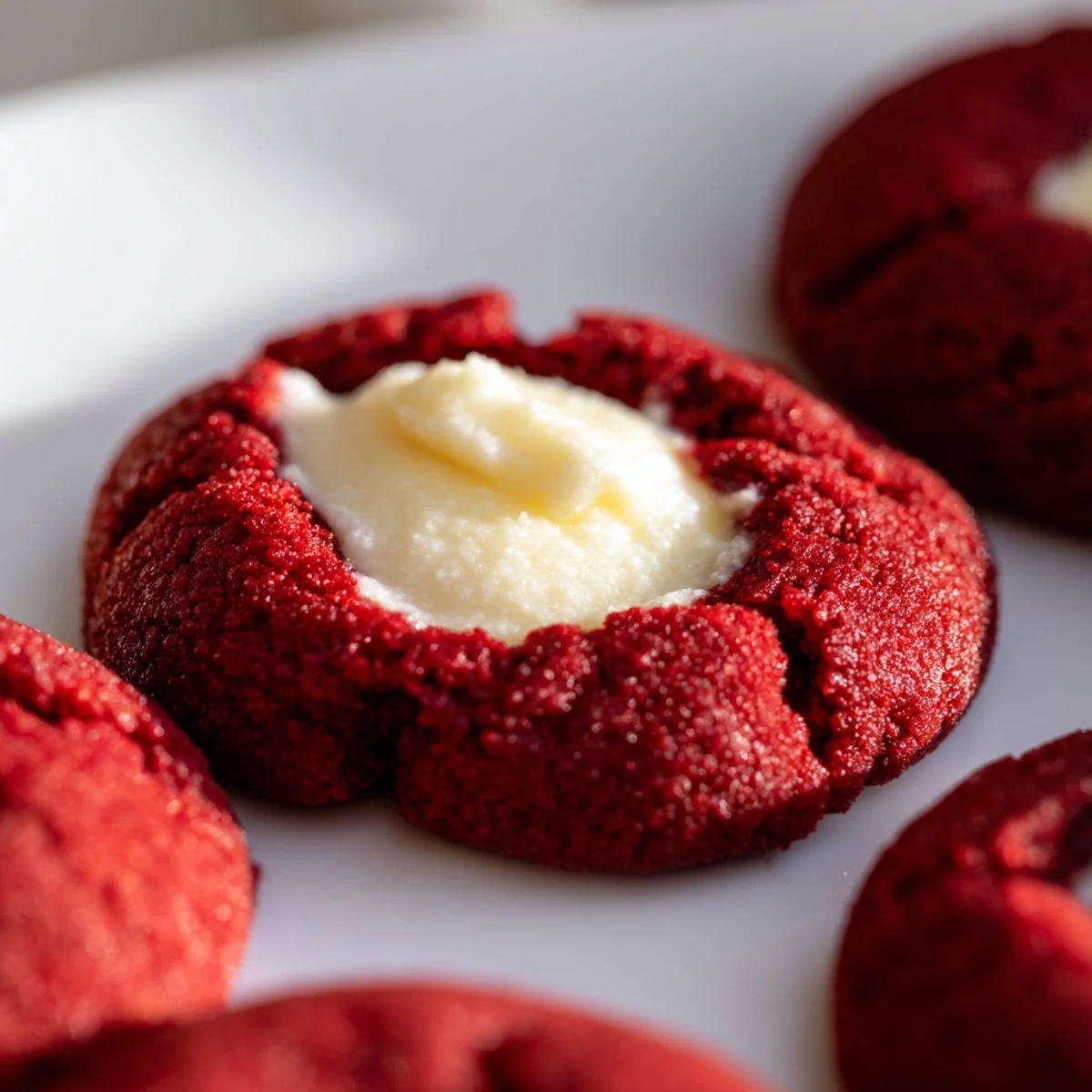 Bright red velvet thumbprint cookies with creamy cheesecake filling on a rustic baking sheet