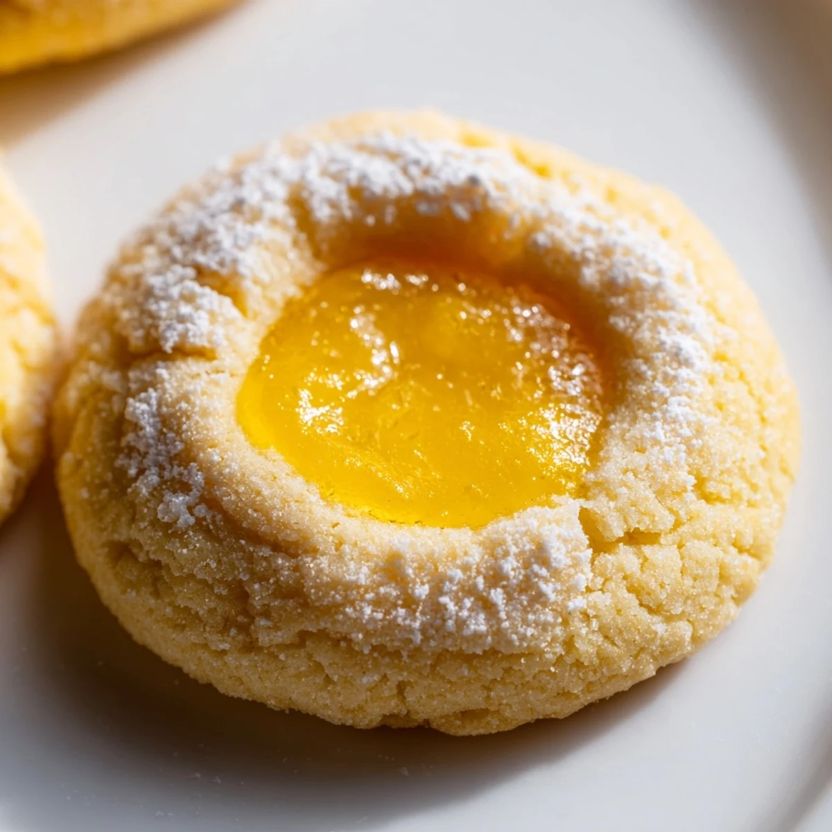 Buttery lemon curd cookies dusted with powdered sugar arranged on a rustic serving plate