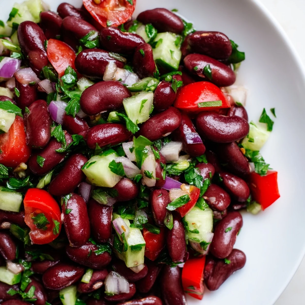 Colorful kidney bean salad in a serving bowl with crisp peppers, cucumber, and fresh parsley