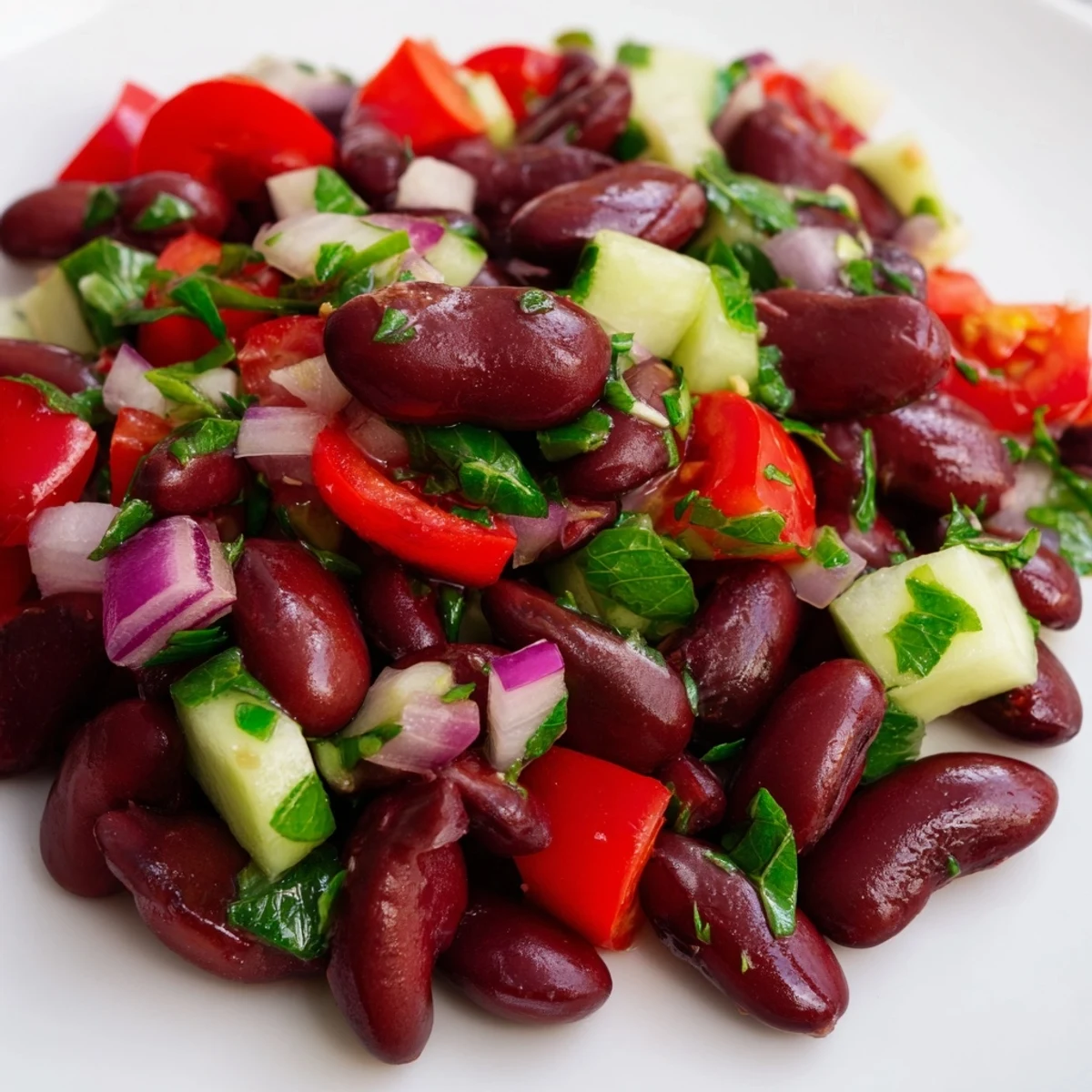 Kidney bean salad tossed with vibrant vegetables and tangy vinaigrette in a rustic bowl